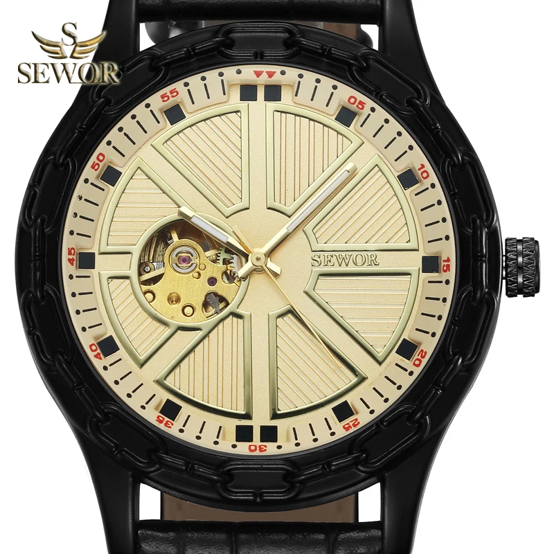 

SEWOR Mens 2019 New Fashion Chalet Yoke Shape GLOD BLACK Mechanical Automatic Watch Men Sport Watch relogio masculino C380