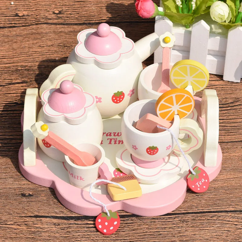 

Wooden Strawberry Afternoon Tea Children's House Tea Set Playhouse Pink Sweet Strawberry Pretend Play Girls Games