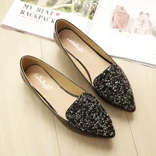 Hot Big Size Footwear Woman Flats Shoes Bling Beads Pointed Toe Boat Shoes for Women Black Solid Fashion Soft Sole Ladies Shoe