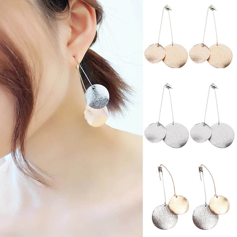 

Korean Simple Golden Silvery Color Graceful Party Frosted Glass Wafer Drop Earring 2018 New Arrival Allergy Free Seaside 1Pair