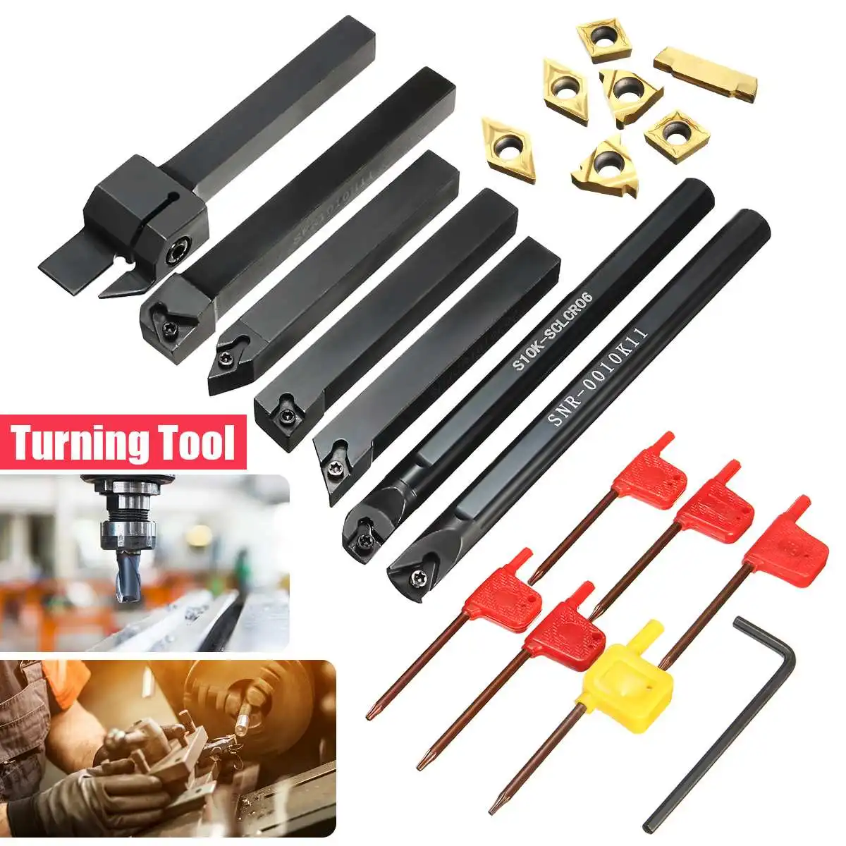 

New 7pcs 10mm Boring Bar Lathe Turning Tool Holder with Gold Inserts with 7pcs T8 Wrenches
