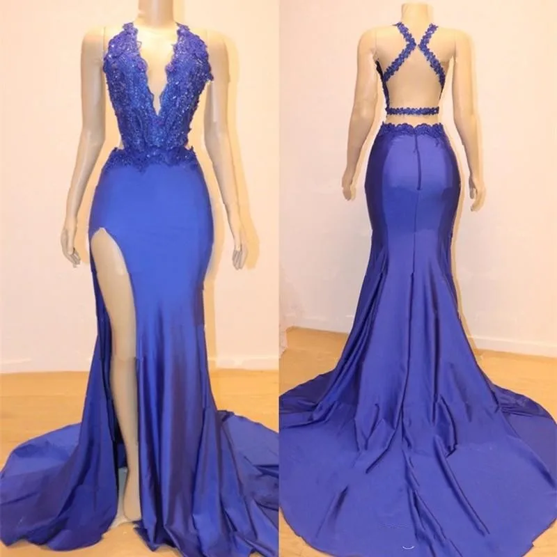 

Sexy Women Party Dress Blue Mermaid Maxi Gowns for Evening Prom Dresses Celebrity Occasion Vestidos Leg Split Formal Dresses