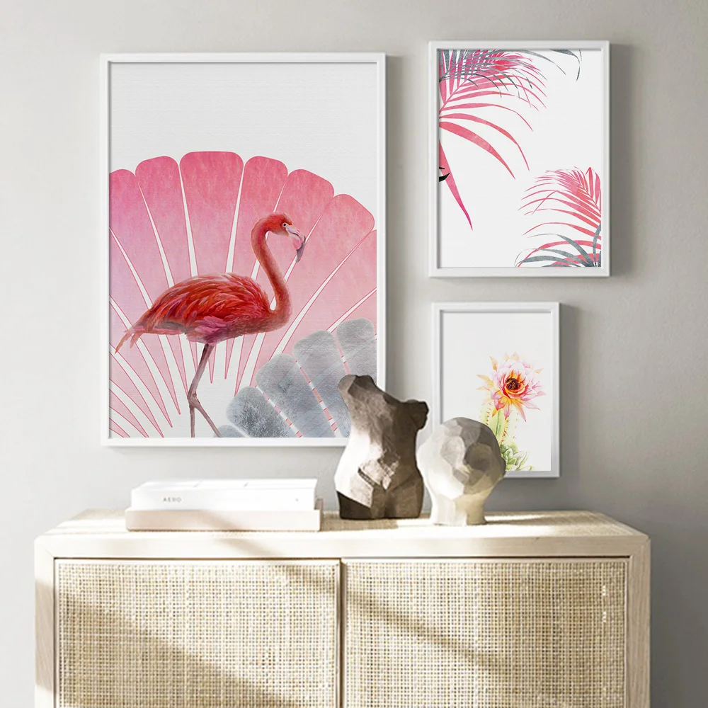 Pink Flower Peony Leaf Cactus Flamingo Wall Art Canvas Painting Nordic Posters and Prints Pictures for Living Room Decor | Дом и сад