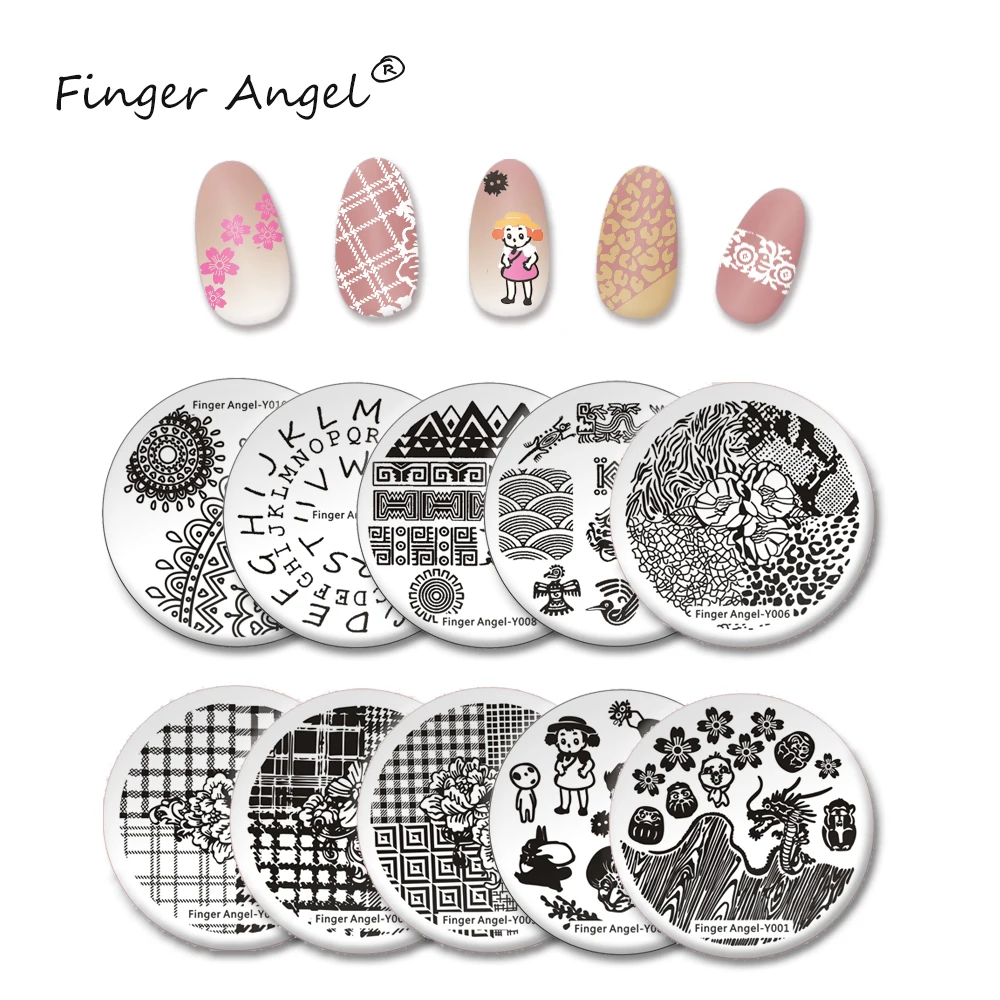 

Finger Angel 1PCS Nail Art Stamping Plates Stamp Image Platet Different Designs Letter Pattern Lettice Printing Round Template
