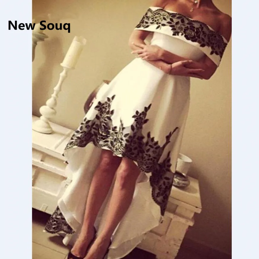 

High Low Saudi Arabic Prom Dresses Off the Shoulder Backless A Line Lace Appliques Evening Dress Vestido De Festa