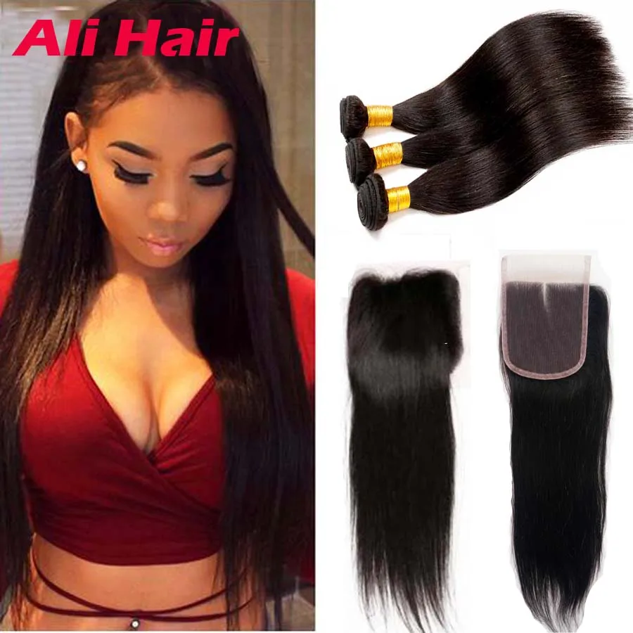 Brazilian Virgin Hair Straight with Closure 7a Brazilian Straight Hair with Closure Human Hair Weave 3 Bundles with Closure