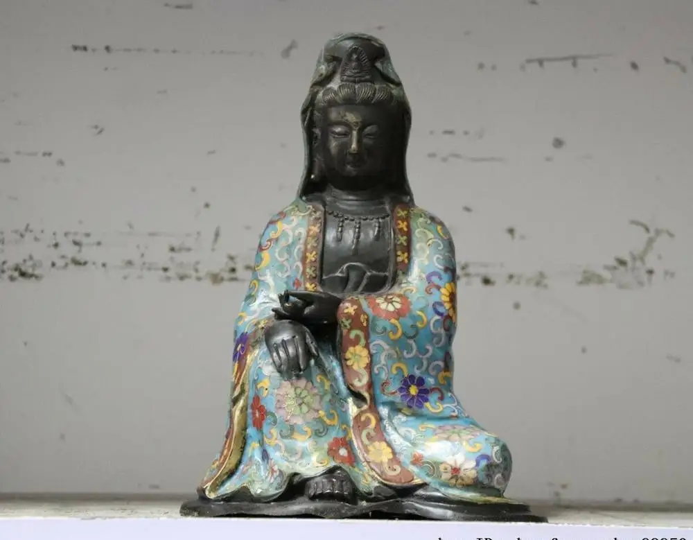 Rare Rame Dello Smalto Del Cloisonne Bronzo Kwan-Yin Guanyin Guna Yin Dea Statua