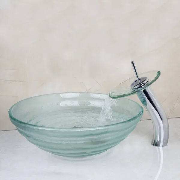 OUBONI круглый закаленный стеклянный сосуд Ванная Комната Раковина хромированный водопадный смеситель полированный смеситель W/Слив пульсация дизайн стеклянная раковина
