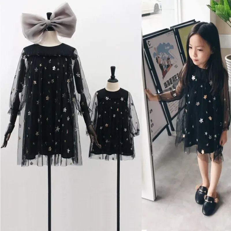 

Mother Daugher Dresses Black Mesh Clothes Mom and Daughter Dress Baby Girls Elegant Party Tutu Skirt Kids Parent Child Outfits