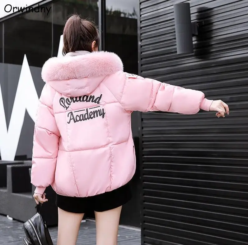 Pink Orwindny/женское зимнее пальто с капюшоном и меховым воротником, утепленные парки, свободная стеганая куртка, одежда с хлопковой подкладкой, зимние женские топы - Color: Pink