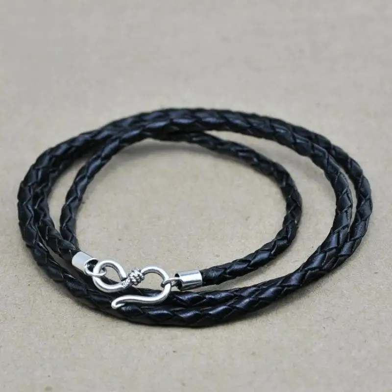 Плетеное ожерелье ручной работы из натуральной кожи, Черная веревка, витой 4 нити, шнур с винтажным 925 пробы, Серебряный рыболовный крючок, застежка