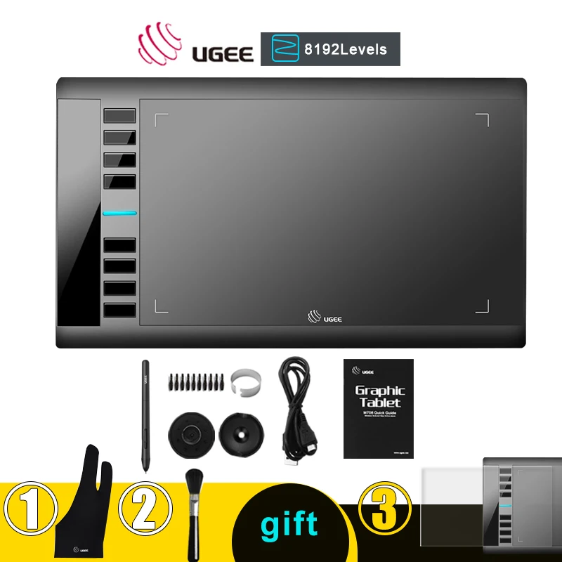 

UGEE M708 Digital Graphics Drawing Tablet 10x6 inch Area Graphics Drawing tablet 8192 Pressure Battery-free stylus 2pcs Glove