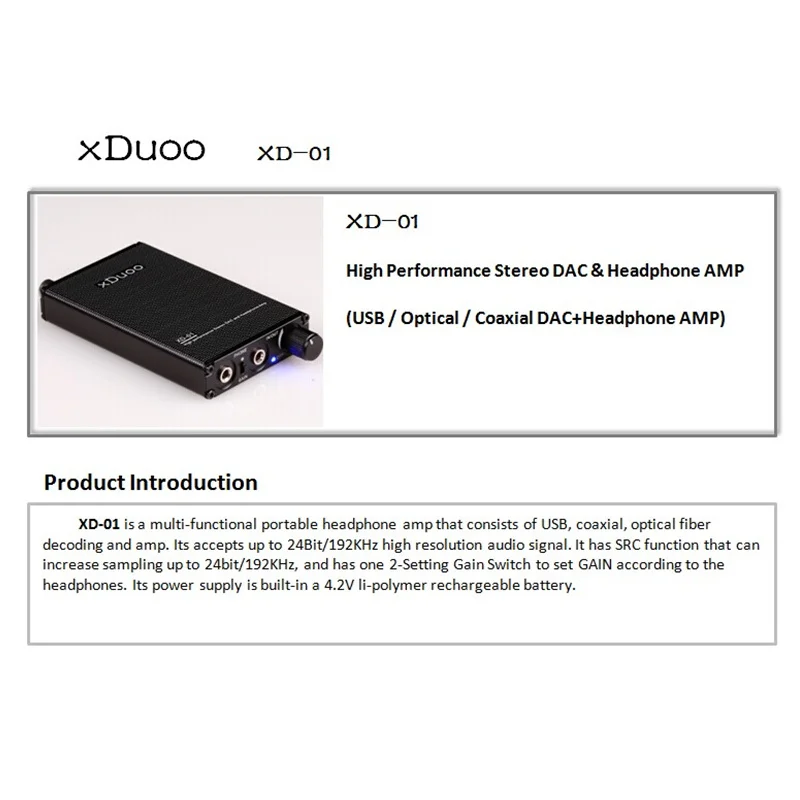 xDuoo XD-01 High Performance Stereo DAC & Headphone Amplifier USB/Optical/Coaxial DAC+ Headphone AMP xDuoo XD-01 High Performance Stereo DAC & Headphone Amplifier USB/Optical/Coaxial DAC+ Headphone AMP