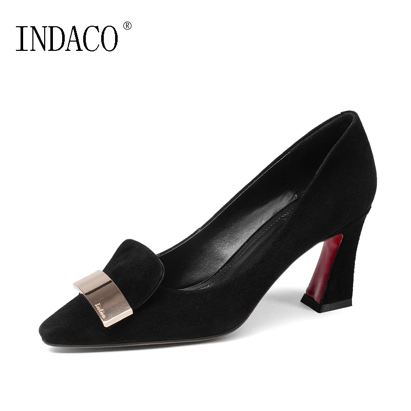 2018 European Style Fashion Suede Kid Leather Pumps Thick High Heel 7.5CM Womens Shoes Heels Red Bottoms for Women Heels INDACO