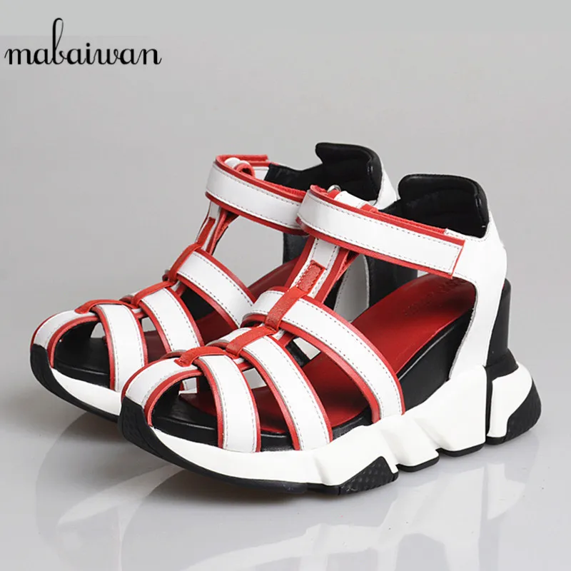 

Mabaiwan Gladiator Casual Women Sandals Platform Leather High Heel Wedges Shoes Woman Summer Hook Loop Hollow Sports Slippers