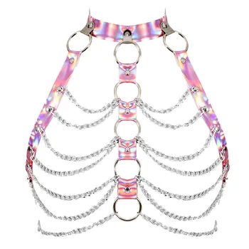 

Harness Bra Pink Patent Leather Metal Chain Rivet Harajuku Pastel Goth Lingerie Top Cage Waist Belt Adjust Festival Rave