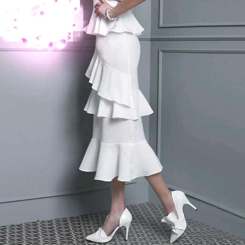 Женская элегантная юбка-торт с завышенной талией, женская тонкая юбка из органической кожи с оборками, шифоновая юбка миди с штрихами