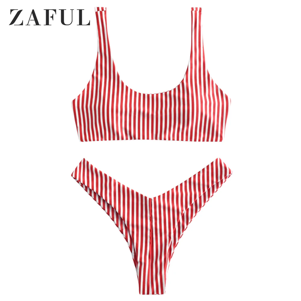 

ZAFUL Women Bikini Swimsuit High Cut Pinstriped Bikini Set Scoop Neck Lady Sexy Swimwear Summer Beach Bathing Suit