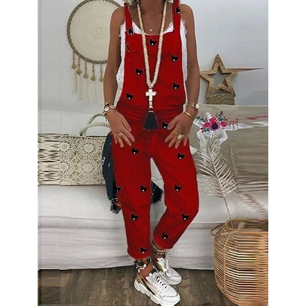 Casual Sleeveless Strappy Jumpsuits Overalls Womens Plus Size Cat Print