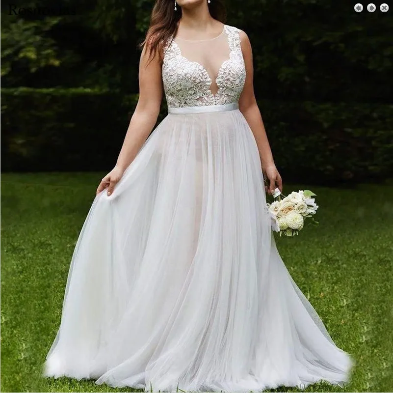 

Country Garden Wedding Dresses 2019 Sheer Neck Sweep Train Lace Appliques Modern Simple Beach Bridal Gown Vestido de novia