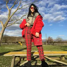 Новые женские летние тонкие клетчатые брюки красного цвета повседневные укороченные штаны