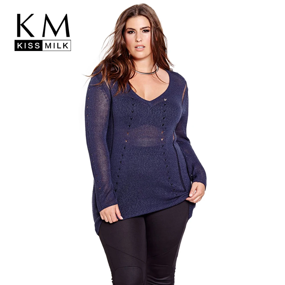 

Kissmilk Plus Size New Fashion Women Clothing Basic Solid Sexy Tops V-Neck Long Sleeve Knitted Big Size Blouse 3XL 4XL 5XL 6XL