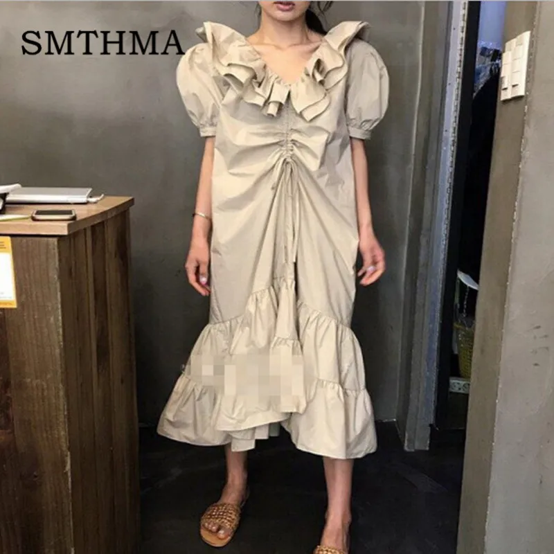 

SMTHMA 2019 Korean design New fashion Women Ruffle V Neck Puff Sleeve Summer Dress drawstring korean female loose Long dress