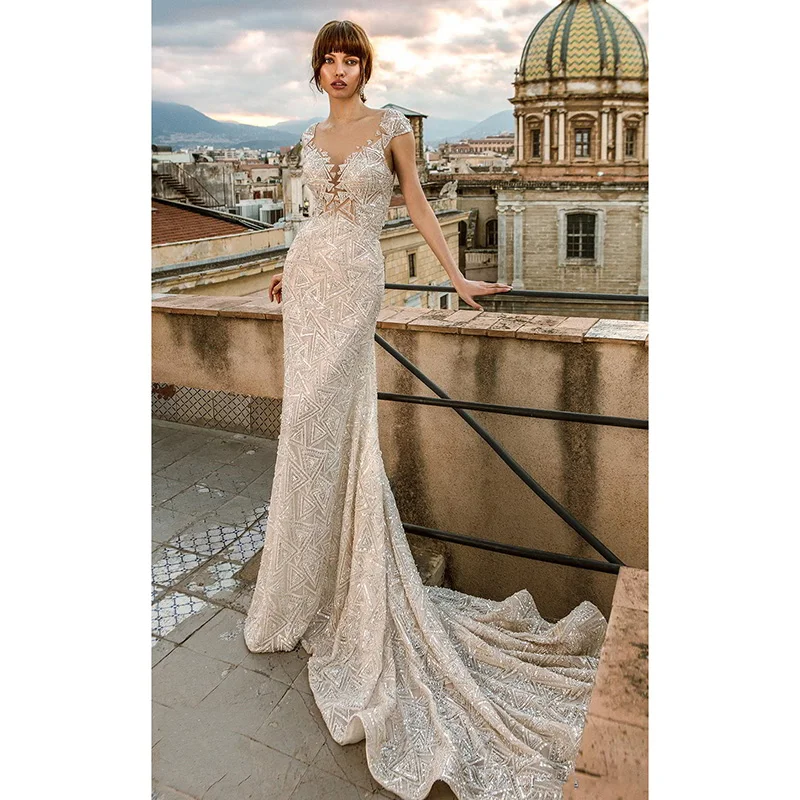 

LORIE Mermaid Bridal Dress Cap Sleeves Diamond Neck Full Embellishment Glamorous Sheath Wedding Dress Keyhole Back Chapel Train