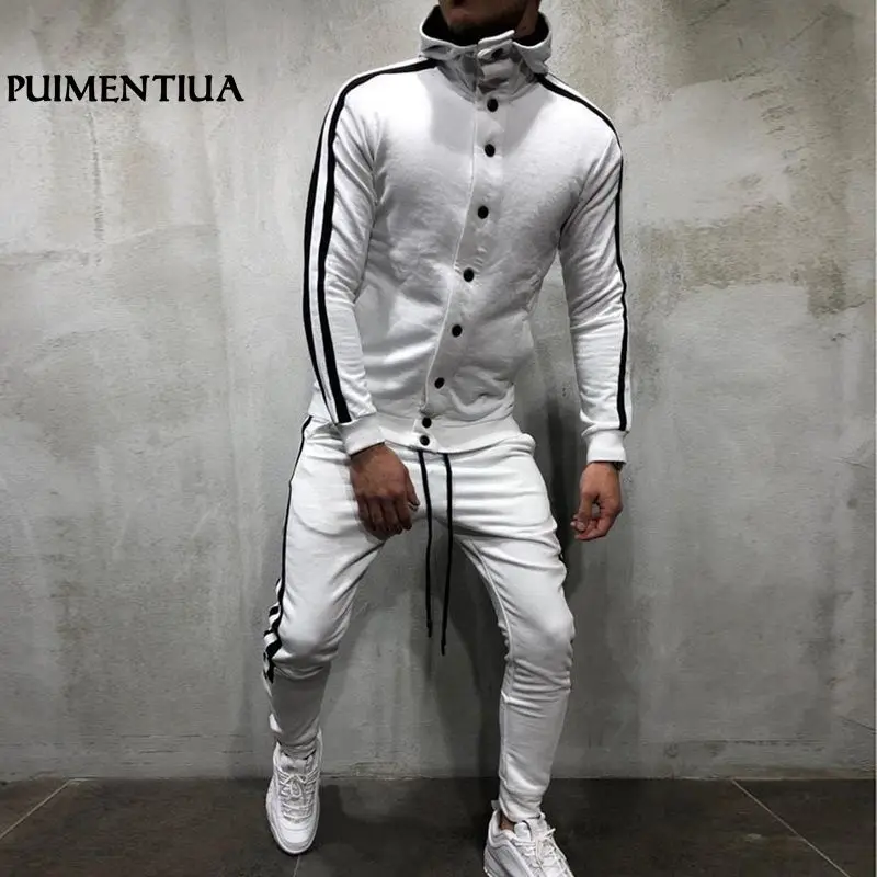 

2018 Patchwork Spring Autumn Men Suits Men's Sportswear Tracksuit Side Striped Hoodie Two Pieces Set Drawstring chandal hombre