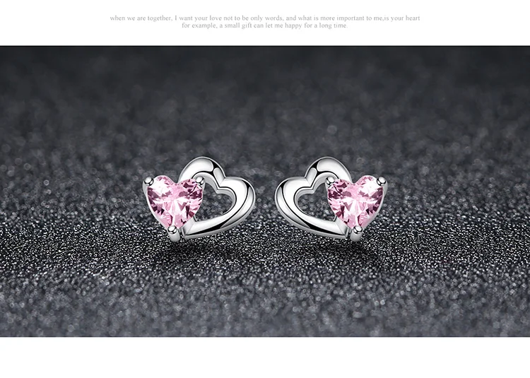WOSTU, натуральная 925 пробы, серебро, двойное сердце, форма, розовый CZ, романтические серьги-гвоздики для женщин, свадебные украшения, подарок CQE090