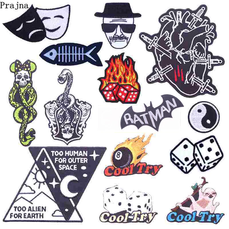 

Prajna Dice Punk Patches Iron On Patch On Clothes Embroidered Patches For Clothing Applique DIY Skull Heart Badges On T-shirt