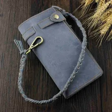 Толстый Crazy Horse кожаный Мужской винтажный Байкерский Длинный кошелек с цепочкой WL11