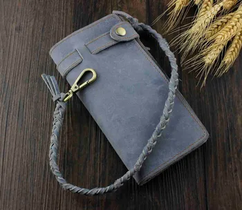 

Thick Crazy Horse Leather Men's Vintage Biker Long Wallet With Chain WL11