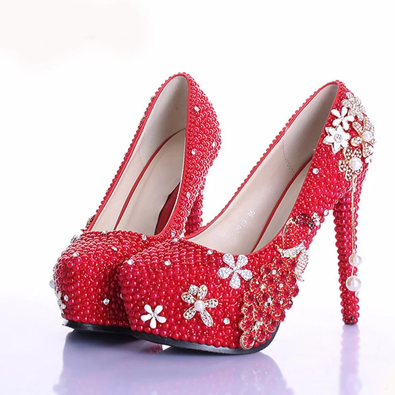 

Elegant Red Pearl Rhinestone Wedding Shoes Handmade Gorgeous Bridal Shoes 5 Inches High Heel Diamond Woman Pumps Prom Shoes