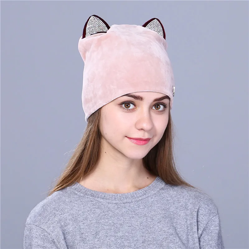 

Ladies Beanie Wool Hat Female Warm Knitted Cap Girls Outside Warm Hat Cashmere Casual Warm Cat Style Knitting Hat B-9006