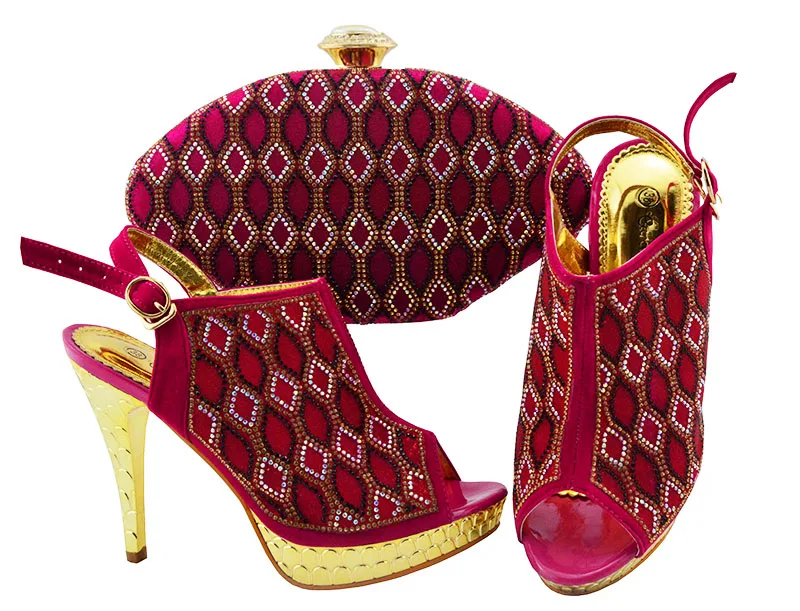 

Fushia pink shoes and bag italy design with stones newest fashion african aso ebi sandals match clutches bag shoe bag SB8306-4