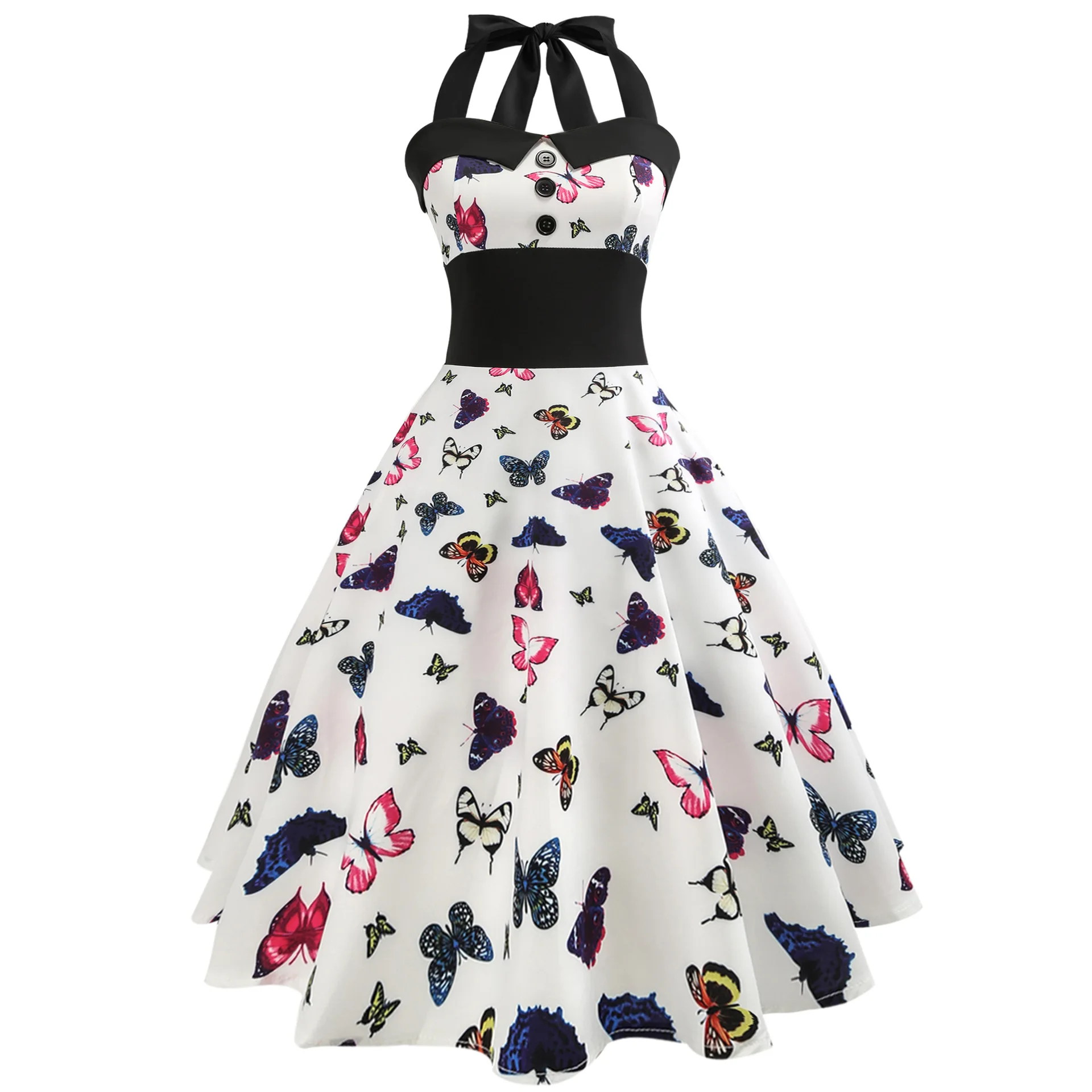 

Pinup Retro Vintage Dresses 50S 60S 2019 Ladies Summer Dress Halter Floral Printed Elegant Rockabilly Dress Swing Robe Femme