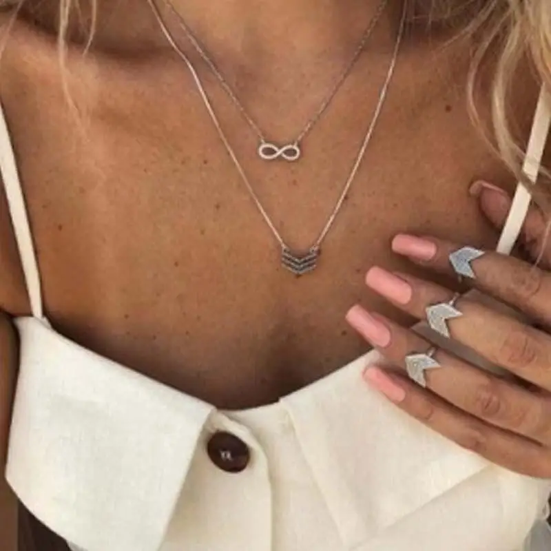 Best Selling Fashion Lucky 8 Word Pendant V-shaped Ladies Multi-layer Metal Chain Necklace Female Crystal Charm Jewelry | Украшения и
