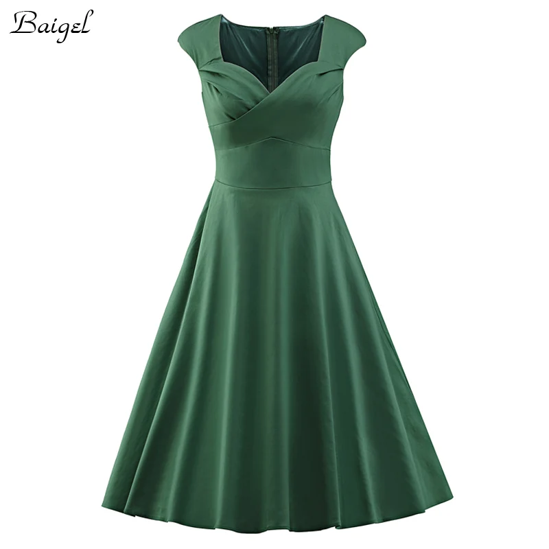 Womens Sexy V-Neck Summer Vintage Dress 50s 60s Retro Pinup Rockabilly Swing Burgundy Red Green Ball Gown Wedding Party Dresses (1)