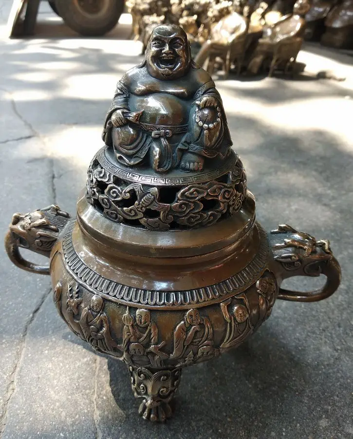 

Vintage Tibetan Copper Buddha And arhat incense burner Lucky Foo Dog