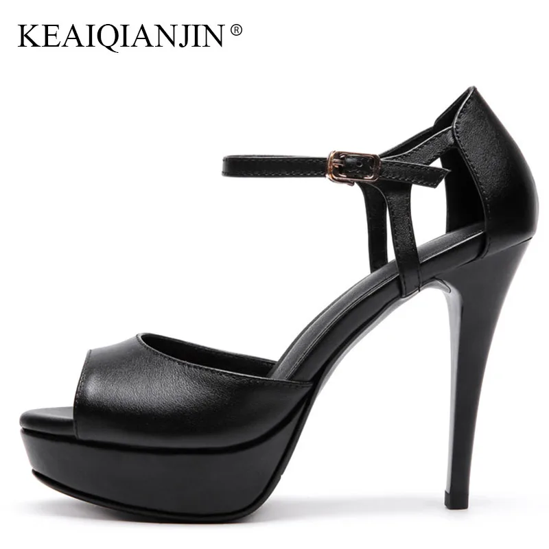 

KEAIQIANJIN Woman Genuine Leather Sandal Fashion White Black High Heele Shoes Sexy Genuine Leather Plus Size 33 Peep Toe Sandal