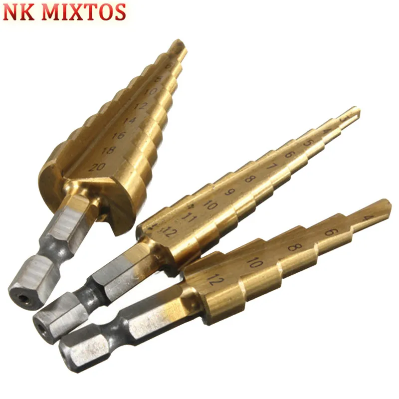 NK MIXTOS 3-12MM/4-20MM/4-32MM Metric Spiral Flute Step HSS Steel 4241 Cone Titanium Coated Drill Bits Tool Set Hole Cutter