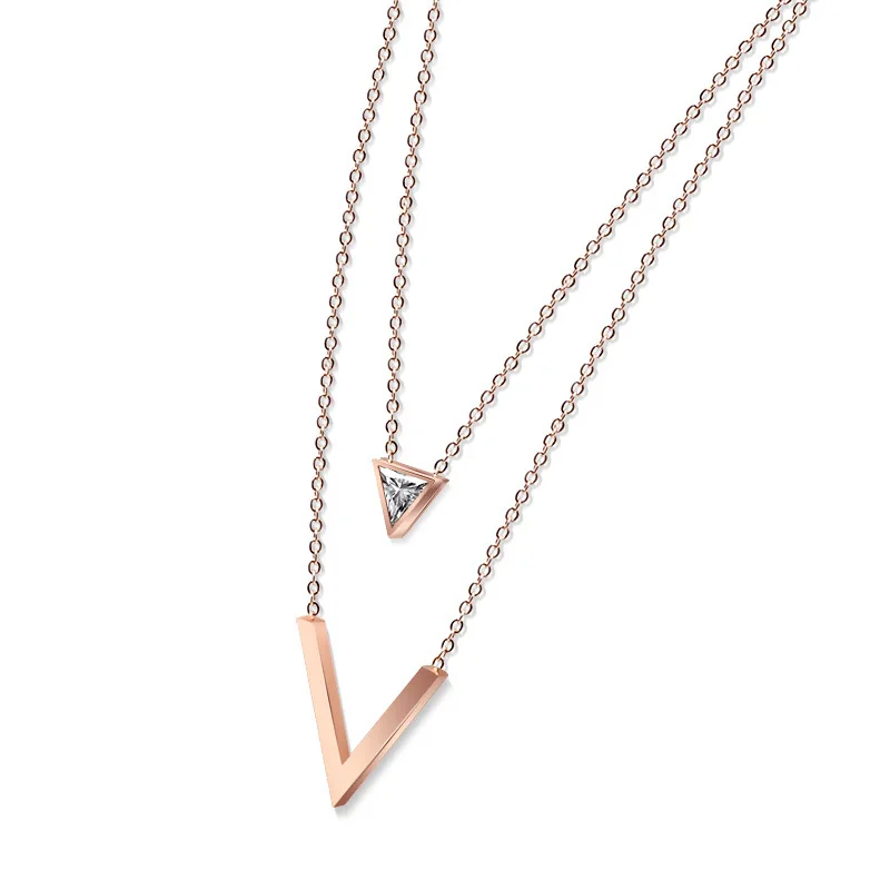

Gold color triangle crystal necklaces & pendants kolye, multi-layer chains stainless steel letter v necklace women jewelry