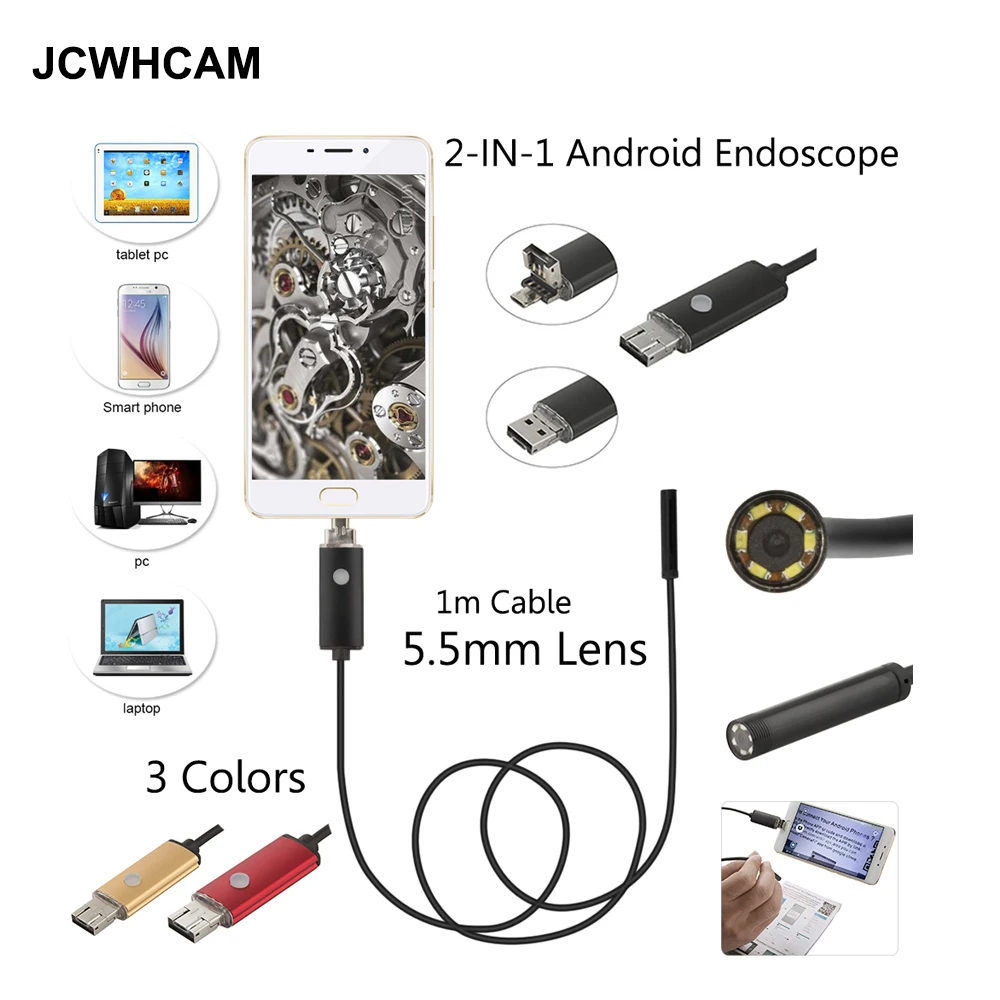 JCWHCAM 5 мм андроид OTG эндоскоп камера 1 м Android USB гибкая змея ПК бороскоп |