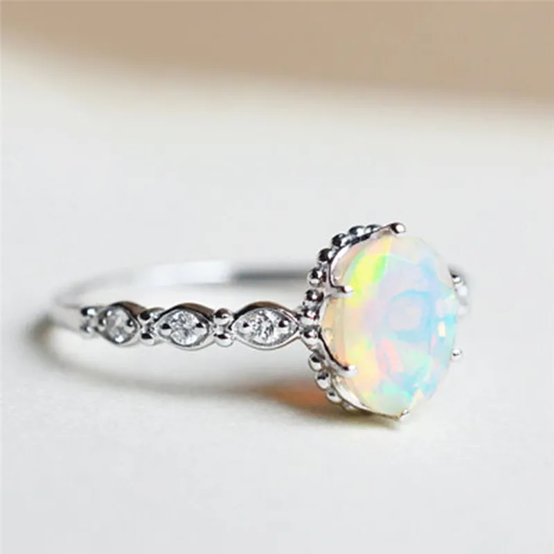 

ROMAD Vintage White Fire Opal Ring for Women CZ Fashion Dainty Finger Rings Bridal Party Jewelry Gift Box Begue Femme R3