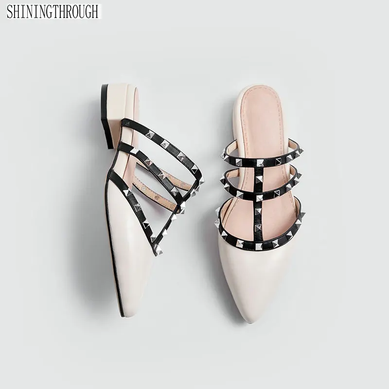 

Elegant Women Mules Slippers Pointed Toe rivets Buckle Sandals Fashion Solid Summer Shoes Footwear For Ladies