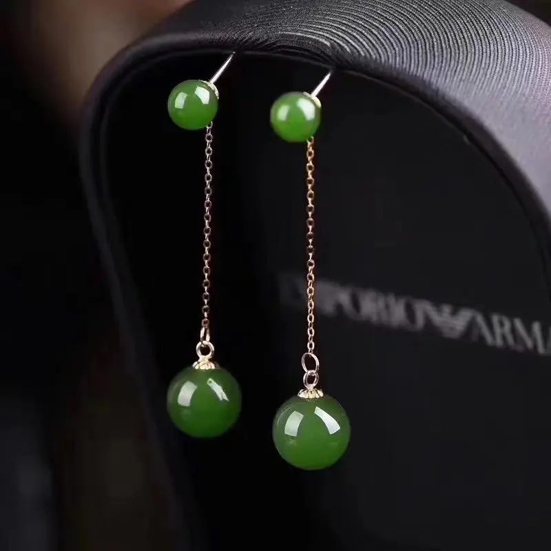 Fidelity natural 8 мм Высокое качество Hetian jasper 18 k желтое золото висячие серьги Элегантные Изысканные украшения womem натуральный зеленый драгоценный камень