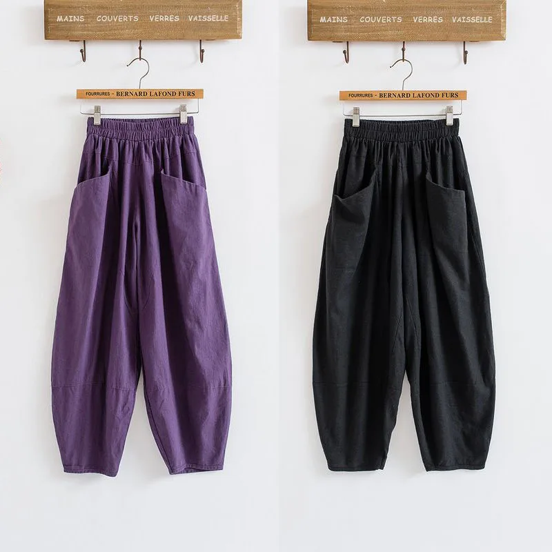 Cotton Linen Loose Pants Women Casual Elastic Waist Ankle