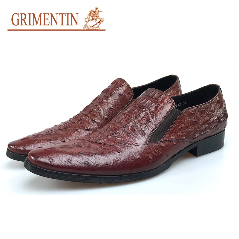 

GRIMENTIN Summer brand fashion mens shoes genuine leather slip-on comfortable crocodile style Italian brown male dress shoes