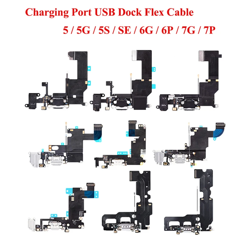 10pcs USB Charging Port Dock Connector Data flex cable For iPhone 5 5c 5S 6 6S 7 Plus Headphone Audio Jack Flex Black white